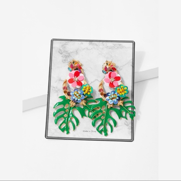 ZARA Gold & Multi Bright Tropical Floral Palm Leaf Dangle Statement Earrings - Picture 7 of 16